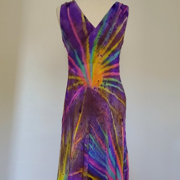 Silk Short Dress african batik purple yellow gold pink blue palms tropical beach - Picture 5 of 11